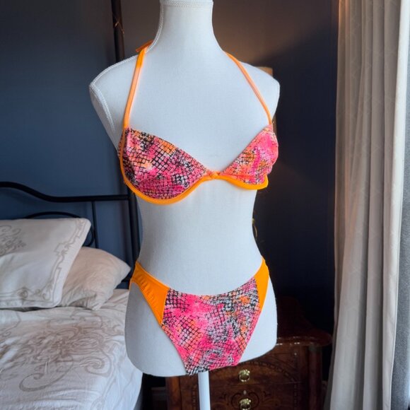 90s Neon Pink and Orange Print Bikini by Baltex - Picture 2 of 12